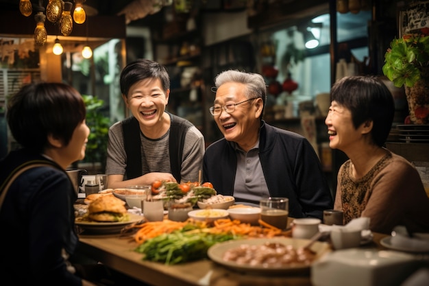 Ansicht von Menschen, die am chinesischen Neujahrs-Wiedervereinigungsessen teilnehmen