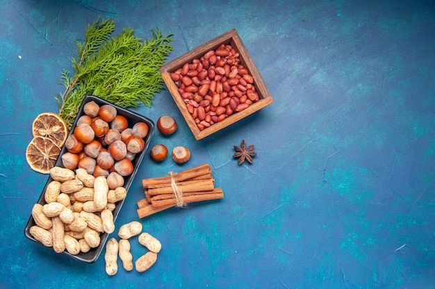 Ansicht von oben frische Nüsse Zimt Haselnüsse und Erdnüsse im Teller auf blauem Hintergrund Walnuss Farbe Snack Cips Nuss Foto Pflanzenbaum