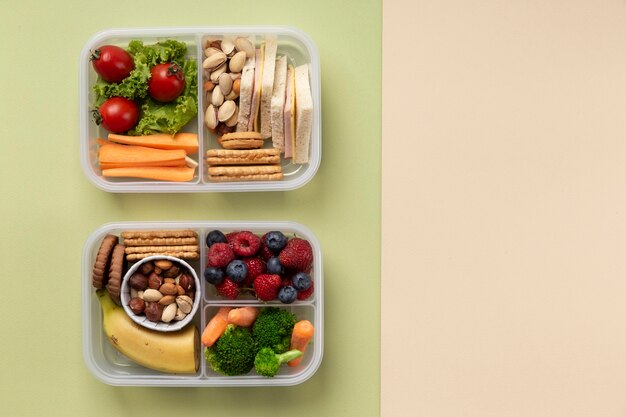 Ansicht von oben gesundes Essen Lunchboxen Anordnung