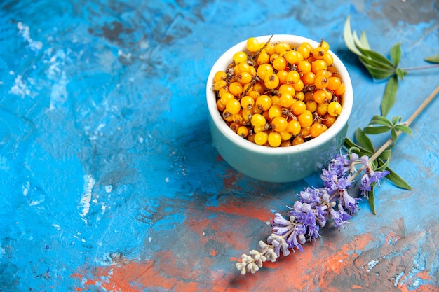 Kostenloses Foto ansicht von unten sanddorn in schüssel lila blumenzweig auf blauem tisch mit kopierraum