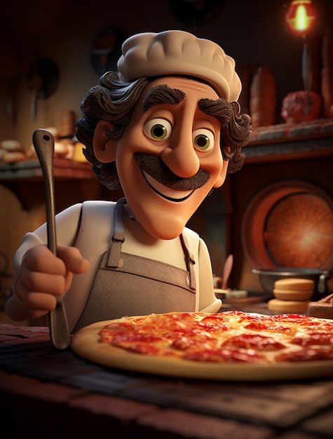 Kostenloses Foto ansicht von zeichentrickfilm-mann-köchin mit köstlicher 3d-pizza