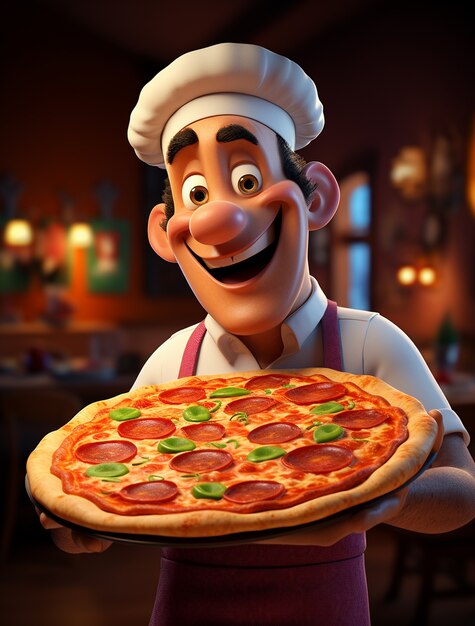 Ansicht von Zeichentrickfilm-Mann-Köchin mit köstlicher 3D-Pizza