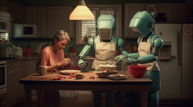 Anthropomorpher futuristischer Roboter, der eine normale menschliche Arbeit erledigt