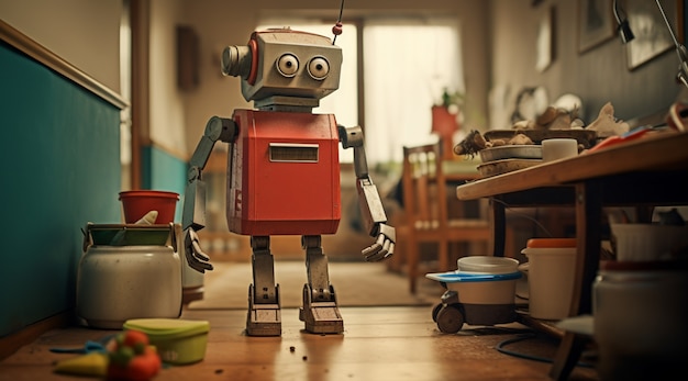 Anthropomorpher futuristischer Roboter, der eine normale menschliche Arbeit erledigt