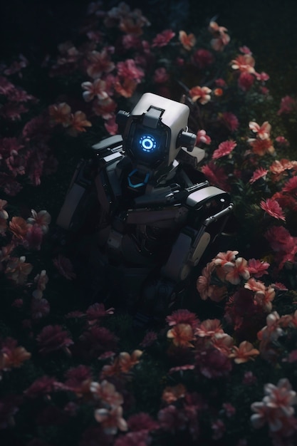 Anthropomorpher Roboter mit Blumen