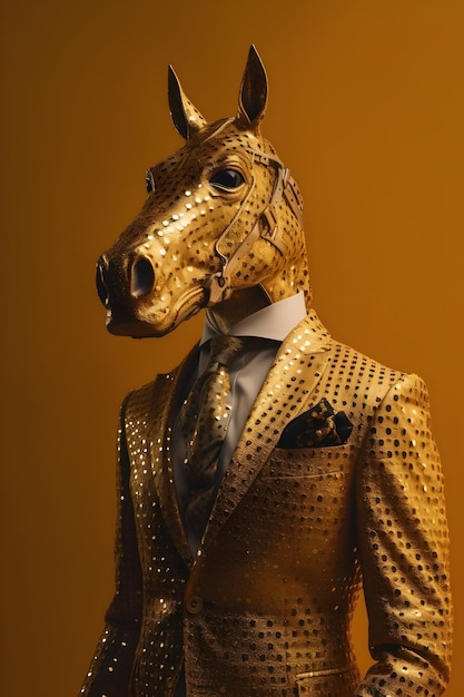 Anthropomorphes Pferd im eleganten goldenen Shinymider-Outfit