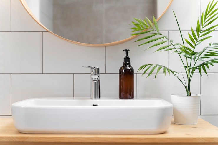 Kostenlose Foto anti-schuppen-produkte am waschbecken