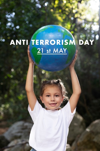 Kostenloses Foto anti-terror-tag mit kind, das den planeten erde hält