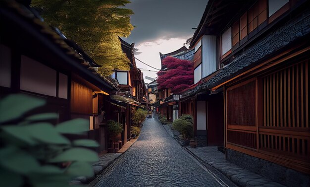 Antike Architektur und japanische Laternen, die im Freien leuchten, generative KI