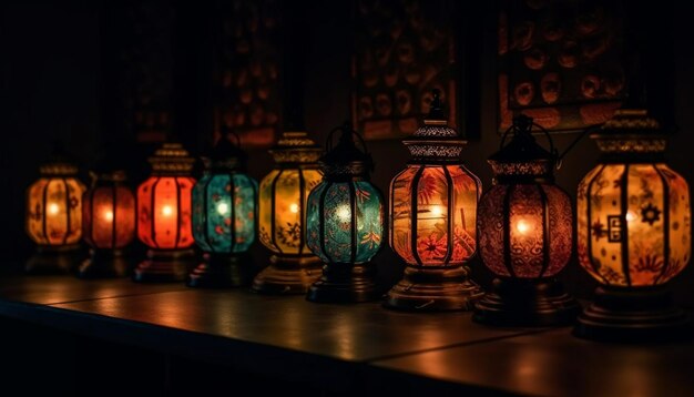 Antike Laterne, die hängend leuchtet, beleuchtet traditionelle Feierlichkeiten im Innenbereich, die von KI generiert werden