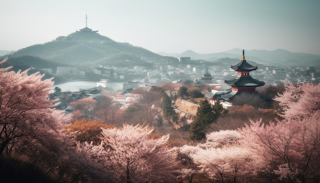 Kostenloses Foto antike pagode auf dem gipfel eines berges, schönheit in der natur, generiert durch ki