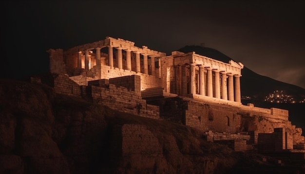 Antike Ruinen, die in der Abenddämmerung beleuchtet werden, majestätische Geschichte, die von KI generiert wird