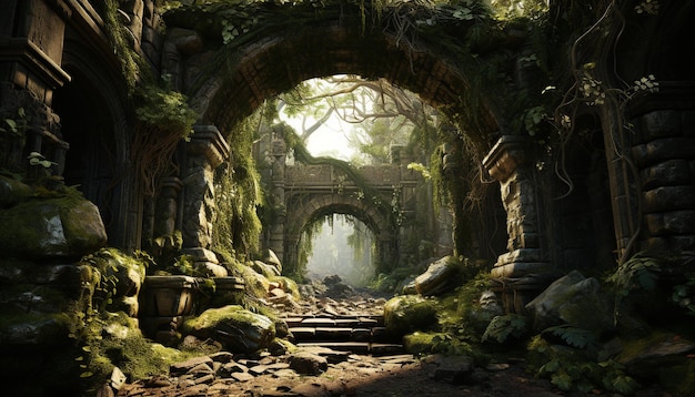 Antike Ruinen, dunkler Wald, geheimnisvolle Steinbrücke, Natur, Spiritualität, offenbart, erzeugt durch künstliche Intelligenz
