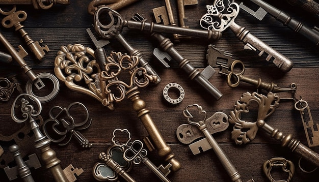 Antiker rostiger Schlüssel entsperrt alten, von KI generierten Vorhängeschloss-Erfolg