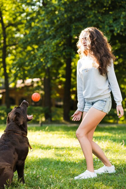 Anziehender Ball des Hundes geworfen von der Frau im Park