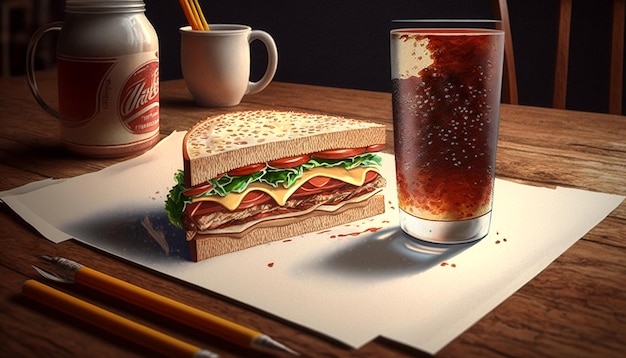 Kostenloses Foto appetitliches sandwich und glas soda generative ai