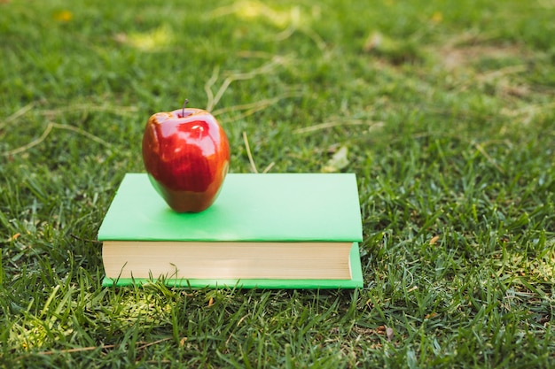 Kostenloses Foto apple auf dem buch angeordnet auf gras