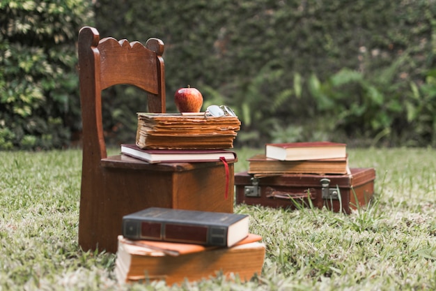 Apple und Bücher auf Stuhl im Garten