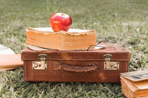 Apple und Gläser auf Buch und Koffer