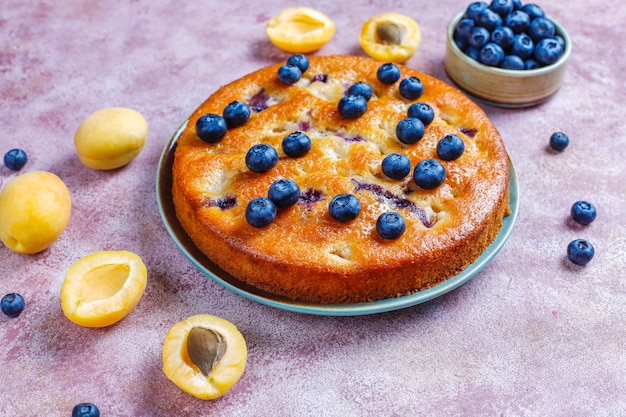 Aprikosen-Heidelbeer-Kuchen mit frischen Blaubeeren und Aprikosenfrüchten