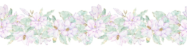 Aquarell weiße magnoliengrenze mit grünen blättern. nahtloses blumenmuster. von hand gezeichnete frühlingsillustration. karte zum muttertag.