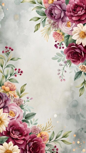 Aquarellblumenrahmen mit zarten Blüten und Blättern auf hellgrauem Hintergrund