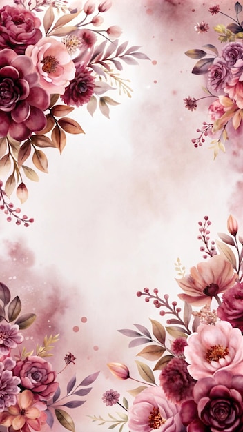 Aquarellblumenrand mit rosa und bordeauxfarbenen Blumen auf einem roten Hintergrund