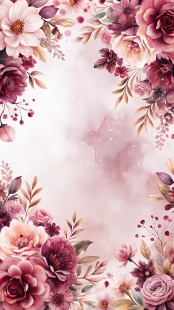 Aquarellblumenrand mit rosa und lila Blüten auf weichem rosa Hintergrund