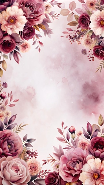 Aquarellblumenrand mit weichen rosa und burgundischen Blüten auf weißem Hintergrund