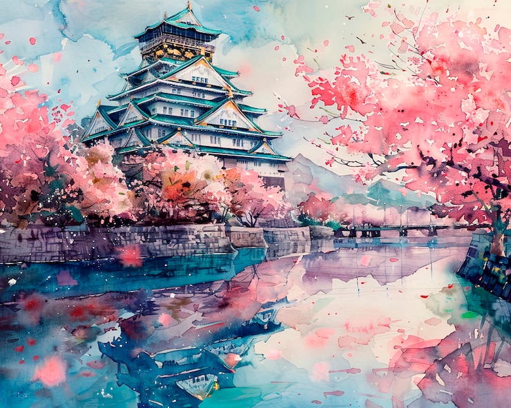 Kostenlose Foto aquarelllandschaft aus japan mit traditionellen elementen