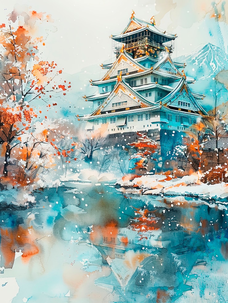 Kostenlose Foto aquarelllandschaft aus japan mit traditionellen elementen