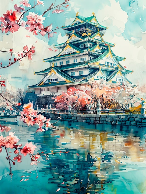 Kostenloses Foto aquarelllandschaft aus japan mit traditionellen elementen