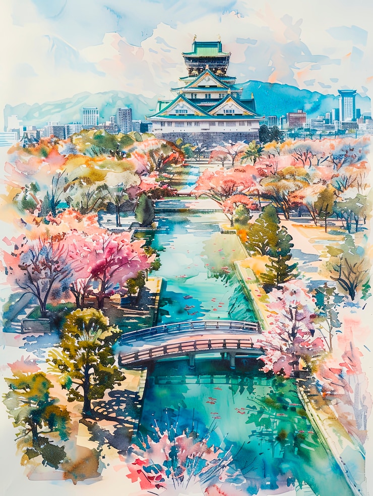 Kostenlose Foto aquarelllandschaft aus japan mit traditionellen elementen