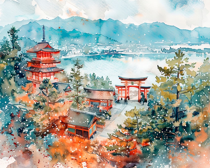 Kostenlose Foto aquarelllandschaft aus japan mit traditionellen elementen
