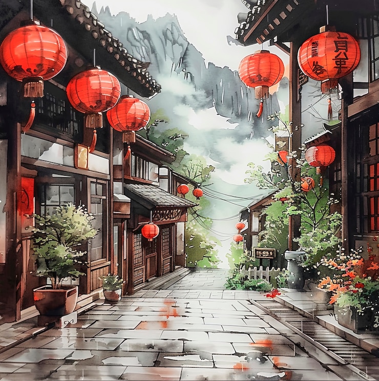 Kostenlose Foto aquarelllandschaft aus japan mit traditionellen elementen