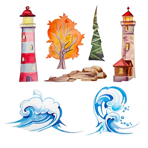 Aquarellleuchtturmillustration Lokalisiert Handgemalter Leuchtturm Felsen Und Waldskandinavier Clipart Satz Premium Foto