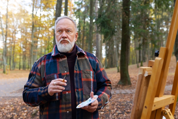 Kostenloses Foto aquarellmaler draußen im wald mit staffelei und leinwand