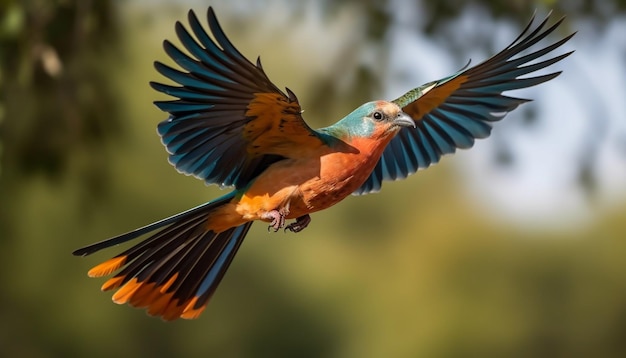 Ara fliegt im tropischen Regenwald in lebendigen Farben und breitet Flügel in der Luft aus, erzeugt durch KI