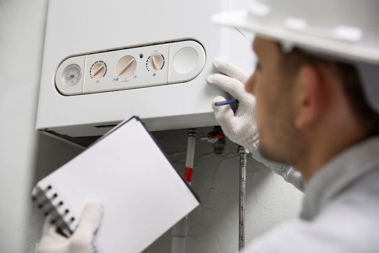 Kostenlose Foto arbeiter, der warmwasserbereiter repariert