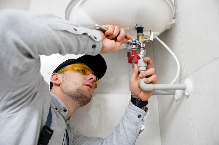 Kostenlose Foto arbeiter, der warmwasserbereiter repariert