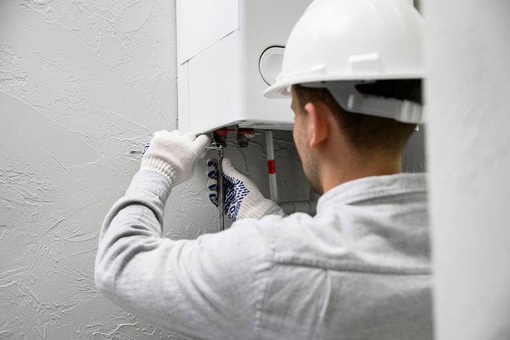 Kostenlose Foto arbeiter, der warmwasserbereiter repariert
