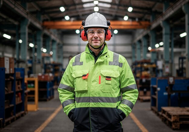 Arbeiter in grüner Sicherheitsweste, Helm und Ohrschutz in einer Fabrik