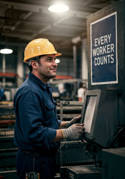 Arbeiter in Hut schaut auf eine Maschine mit einem Schild, auf dem steht: "Jeder Arbeiter zählt"