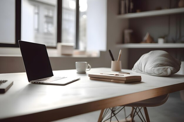 Arbeitsplatz mit Laptop-Kaffeebecher und anderen Gegenständen auf einem Holztisch