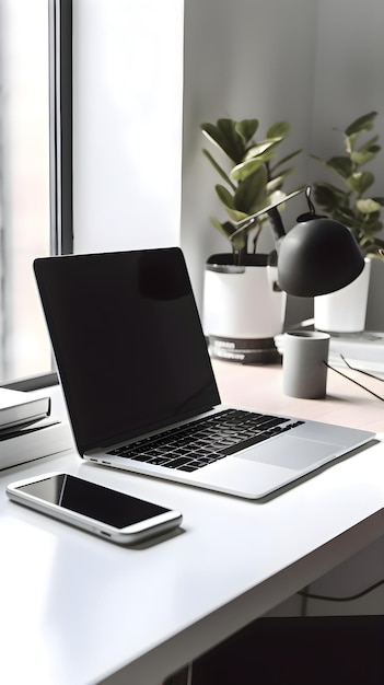 Arbeitsplatz mit Laptop, Tablet und Mobiltelefon auf dem Tisch im Büro