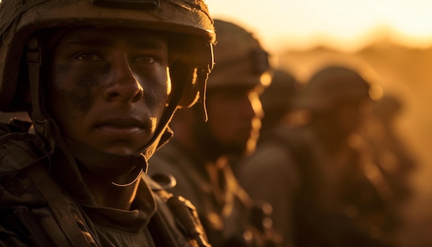 Armeeingenieur lächelt im Sonnenuntergang mit einem von KI generierten Helm