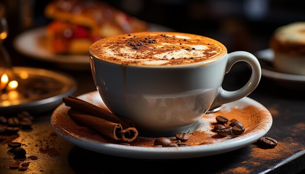 Aromatische Kaffeetasse auf rustikalem Tisch, schaumiger Cappuccino mit Schokolade, erzeugt durch künstliche Intelligenz