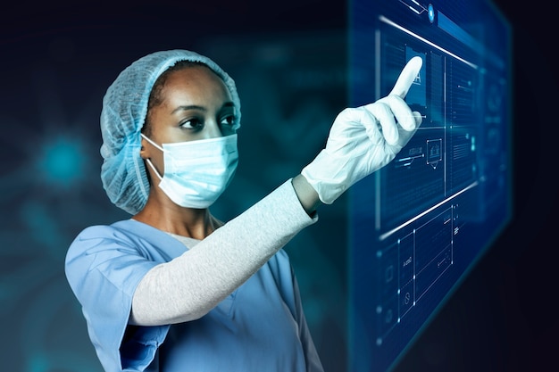 Arzt berührt moderne virtuelle Bildschirmschnittstelle Medizintechnik
