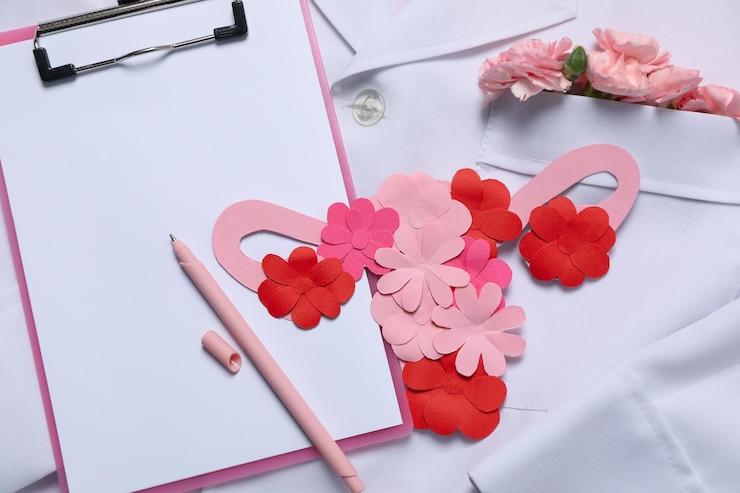 Kostenlose Foto arztmantel mit blumen-klemmbrett-stift und gebärmutter arzt gynäkologe