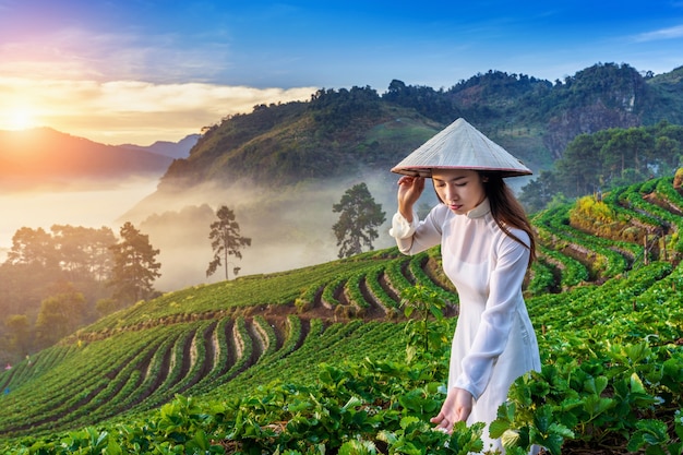 Kostenloses Foto asiatische frau, die vietnamkultur traditionell im erdbeergarten bei sonnenaufgang trägt.